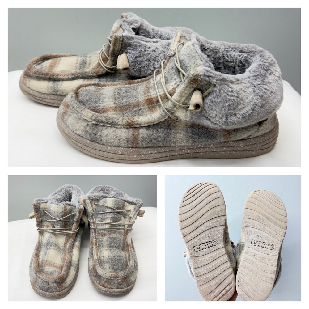 Lamo Cassidy EW2152 Womens 10 Plaid Felt Fur Lined Sheepskin Booties Grey Tan